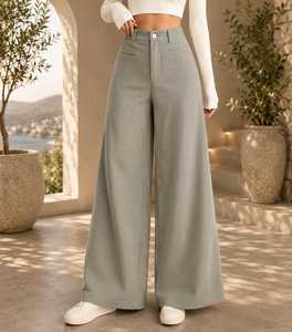 Women's High Waist Wide Leg Corduroy Pants Solid Color Loose Fit Full Length Casual Autumn Style Button Fly Flat Front - Product Image 1