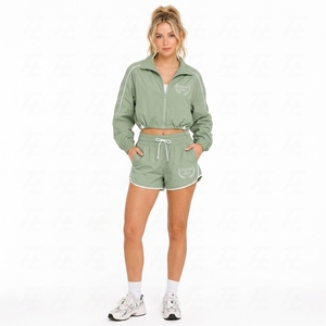 Women's 2 Piece Tracksuit Set Sage Green Zip Up Cropped Windbreaker Jacket and <b>Shorts</b> with Side Stripes - Product Image 4