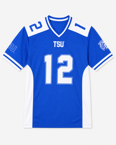Camiseta de Fútbol TSU para Hombre, Azul y Blanca, Número 12, Cuello en V, Manga Corta, Absorbe la Humedad, Transpirable, Impresión por Transferencia de Calor, Nombre del Equipo Personalizado - Product Image 1