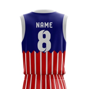 Ensemble d'uniformes de basketball personnalisés pour hommes, bleu, rouge et blanc, maillot sans manches à col en V, short à rayures, nom et numéro de l'équipe, kits en gros - Product Image 5
