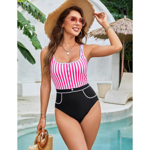 Traje de baño de una pieza para mujer, control de abdomen, cuello cuadrado a rayas, ribete en contraste, cintura alta con bolsillos - Product Image 5
