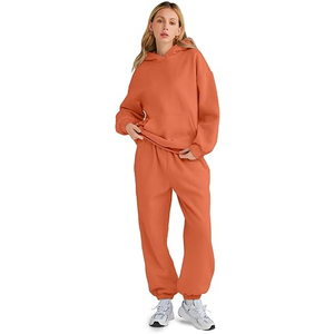 Conjunto Deportivo Casual de 2 Piezas para Mujer, Sudadera con Capucha Naranja y Pantalones Jogger, Top Corto de Felpa, Spandex, Corte Holgado, Color Sólido - Product Image 2