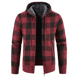 <b>Men</b> Plaid Hooded Fleece Knit Jacket Zip Up Casual <b>Cardigan</b> Thick Winter Outerwear - Product Image 4