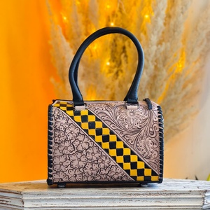 Women's 100% Genuine Leather <b>Material</b> Set Of 3 Mini Speedy Duffle Bag Hand Tooling Florals Carved With Checkered Patterns - Product Image 2