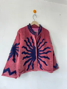Chaqueta Bomber de Terciopelo Rosa Empolvado, Estilo Boho Vintage, Unisex, Hecha a Mano, con Cuello Mandarín, Bordado a Mano, Abertura Frontal, Corta, de Algodón para Otoño - Product Image 2