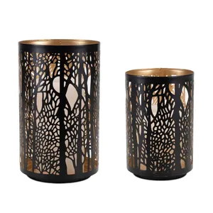 Cylindrical Metal <b>Lantern</b> Black With <b>Gold</b> Interior Tree Pattern Design Tabletop Home Decoration Heat Resistant - Product Image 3