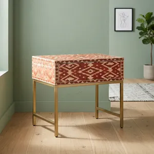 Wooden Side <b>Table</b> <b>with</b> Geometric Inlay Pattern Gold Metal Legs Single <b>Drawer</b> Decorative End <b>Table</b> - Product Image 5