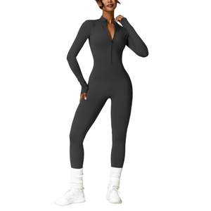 Custom Wholesale Yoga <b>Black</b> Womens <b>Jumpsuit</b> Knit Body Shapewear Light Compression One Piece Fitness Bodysuit - Product Image 1