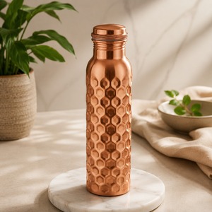 Luxury Honeycomb Relief Pure Copper Water <b>Bottle</b> Tactile Geometric Mesh Pattern <b>Brushed</b> Sheen Reusable Water Container - Product Image 2