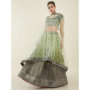 Astonishing Green <b>Sequins</b> <b>Art</b> Silk Semi-Stitched Wedding Wear Lehenga Choli by Zeel Clothing - Product Image 2