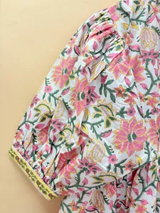 Bohemian White Pink Floral Block Print Cotton Midi <b>Dress</b> Vintage Puff Sleeve <b>Loose</b> Fit Tie Neck Summer <b>Dress</b> For Women - Product Image 3