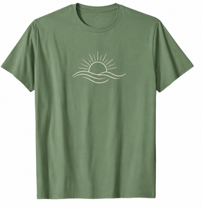 T-shirt vert à col rond et manches courtes avec motif soleil et vagues, design unisexe pour usage promotionnel - Product Image 2