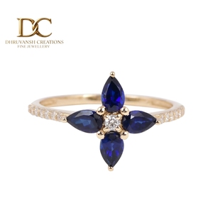 Bague de fiançailles en or massif 14 carats avec diamant de laboratoire et saphir bleu de laboratoire certifié IGI, bijoux fins de luxe pour femmes - Product Image 1
