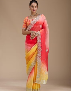 Sari de crepé Gotapatti multicolor KV con blusa sin coser - Product Image 1