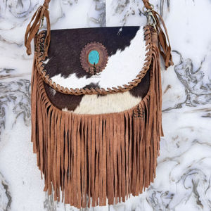 Bolso de Hombro Estilo Occidental con Flecos de Piel de Vaca, Bolsos de Estilo Bohemio con Piedras Turquesas, Bolsos Vintage para Mujer - Product Image 3