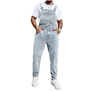 Salopette en jean bleu clair pour homme, couleur unie, taille mi-haute, coupe droite, style décontracté, pantalon en coton pour le printemps - Product Image 1