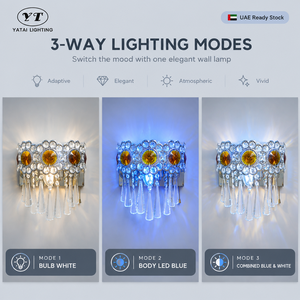 Aplique de pared moderno de cristal cromado con dos bombillas E14, LED azul, con interruptor de tres colores para dormitorio, hotel, pasillo - Product Image 3