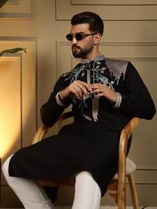 Nouvelle collection de kurtas en soie pour hommes, vêtements ethniques de créateurs, broderies, ensemble pyjama, grandes tailles disponibles, pour les fêtes - Product Image 4