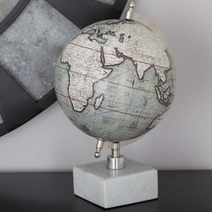 <b>White</b> Marble Base Tabletop Globe with Silver Metal Stand and Grey World Map Modern Office Decor - Product Image 4