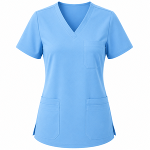 Haut de blouse médicale pour femme, col en V, manches courtes, couleur unie bleu ciel, avec poches, tenue d'hôpital - Product Image 1
