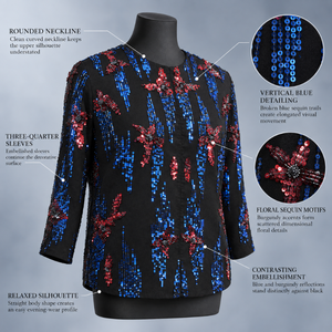 <b>Sequined</b> Floral Evening <b>Top</b> Round Neck Three Quarter Sleeves Relaxed Shape | Black Blue Red Embellished Formal <b>Party</b> Blouse <b>Top</b> - Product Image 3