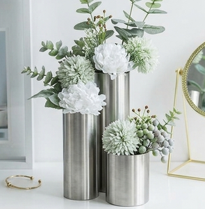 Ensemble de 3 vases modernes en acier inoxydable, pots à fleurs cylindriques en métal argenté pour la décoration de la table à manger à la maison - Product Image 1