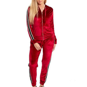 Hot Sale Women Red Velvet Tracksuit <b>Set</b> Hooded Full Sleeve Zipper Solid Color Casual Wear Winter Style Tracksuit For Ladies - Product Image 1