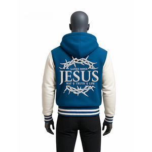 Blouson universitaire à capuche pour homme, écologique, motif Couronne d'épines de Jésus, bleu et blanc, style baseball, avec lettrage chrétien sur le devant, streetwear - Product Image 4