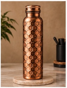 Traditional Copper Water <b>Bottle</b> with Lid Half Hammered Texture Minimalist Portable Travel Thermos <b>Flask</b> - Product Image 6