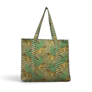 Tote Bag Quilted Hand Block Printed Cotton Canvas Bohemian Beach Shopping <b>Large</b> Capacity Green Animal Leopard <b>Print</b> Women - Product Image 1