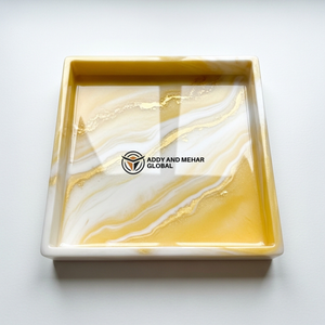 Luxury Yellow Marble Resin Tray – Handmade Square Decorative Serving Tray with Gold Veins | Modern Coffee <b>Table</b> & <b>Vanity</b> Tray - Product Image 6