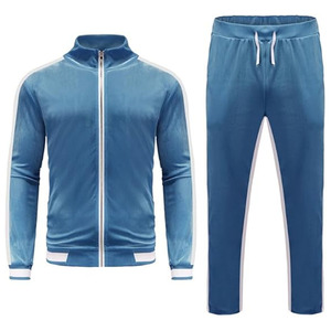 Premium Men's Velour Tracksuit Set: Classic Slate Blue Two-Piece <b>Athletic</b> Sweatsuit with Contrast Side Stripes - Product Image 1