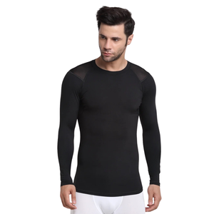 Ventilated Mens <b>Long</b> <b>Sleeve</b> <b>Compression</b> <b>Shirt</b> O Neck Polyester Quick Dry Mesh Back Shoulder Panels Slim Fit Baselayer OEM Vendor - Product Image 2