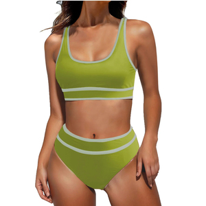 Green <b>Striped</b> One Piece Swimsuit High Waist <b>Crop</b> <b>Top</b> Swimwear for Women Beach - Product Image 3