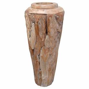 Grand vase décoratif en teck naturel, produit en bambou et en bois massif - Product Image 5