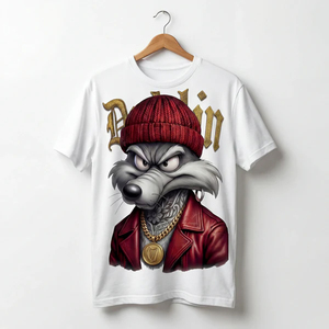 T-shirt blanc pour homme imprimé avec un motif de loup, manches courtes, col rond, style streetwear, jersey 100% coton, écologique, respirant - Product Image 1