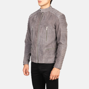 Men's Grey <b>Suede</b> Moto <b>Jacket</b> Stand Collar Zipper Closure Slim Fit Regular Length Autumn Wear <b>Jackets</b> - Product Image 2