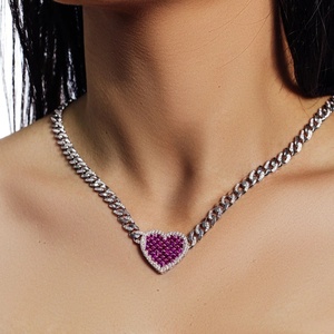 Collier pendentif cœur en acier inoxydable avec sertissage pavé de rubis, chaîne à maillons plaquée rhodium, cadeau romantique pour femme, bijoux - Product Image 2