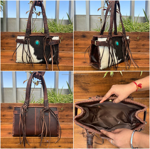 2025 nouvelle édition femmes à la mode cuir de vachette frange Turquoise pierre fourre-tout sac à main en cuir véritable luxe sac à main pour femmes - Product Image 3