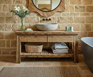 Meuble-lavabo en bois massif finition naturelle avec tiroir et étagère de rangement pour villa et appartement - Product Image 1