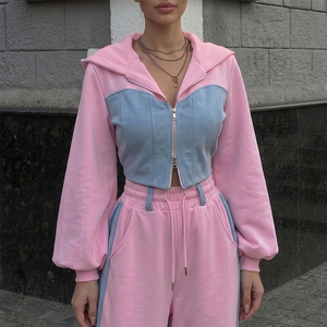 Conjunto Deportivo para Mujer con Capucha, Bloques de Color Rosa y Azul, Manga Larga, Corte Holgado, Cierre Frontal con Cremallera, Sudadera Informal y Pantalones Anchos a Juego - Product Image 3