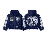 Veste à capuche zippée courte et ample pour homme, en coton épais, avec broderie personnalisée à points inversés, patchwork color-block, style streetwear