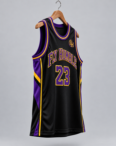 Maillot de basketball Fly Humble noir, violet et or 23, débardeur en mesh sublimé, unisexe adulte, toutes saisons, prix de gros, personnalisable - Product Image 2