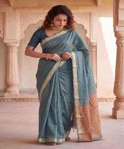 Sari de Algodón con Tejido de Lujo, Sin Coser, Precio al por Mayor, Prenda Étnica 85006, Color Menta - Product Image 3