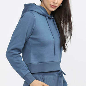 Sweat-shirt à capuche court pour femme, manches longues, couleur unie, tricoté, décontracté, pour l'automne, bleu - Product Image 3