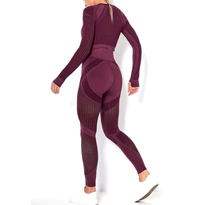 Conjunto de Yoga Borgoña para Mujer, 2 Piezas, Top de Manga Larga con Malla Acanalada, Leggings de Cintura Alta, Ropa Deportiva para Gimnasio y Fitness - Product Image 3