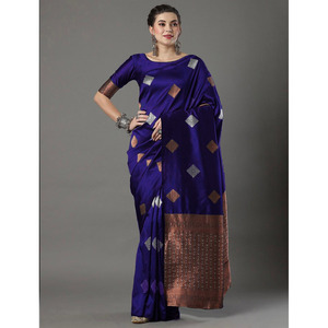 LETEST BANARASI SILK ZARI WEAVING WORK <b>SAREE</b> WITH UNSTITCHED BLOUSE <b>PURPLE</b> - Product Image 1
