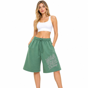Pantalones Cortos de Sudadera Bermuda para Mujer, de Algodón Suave con Estampado de Diamantes de Imitación, Ajuste Holgado, de Forro Polar, con Cintura con Cordón, Casuales y Holgados - Product Image 2