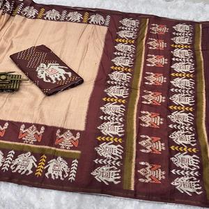 Sari de algodón Tusser con borde de Zari, trabajo de Zari Khata hecho a mano, Gotta Patti, espejo, elegante para fiestas, sin arrugas, de secado rápido - Product Image 1