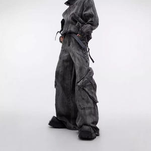 High Quality Oversized Men Baggy Gray Denim 2 Piece Set Cargo Pocket Vintage Washed Man <b>Tracksuit</b> Set - Product Image 4